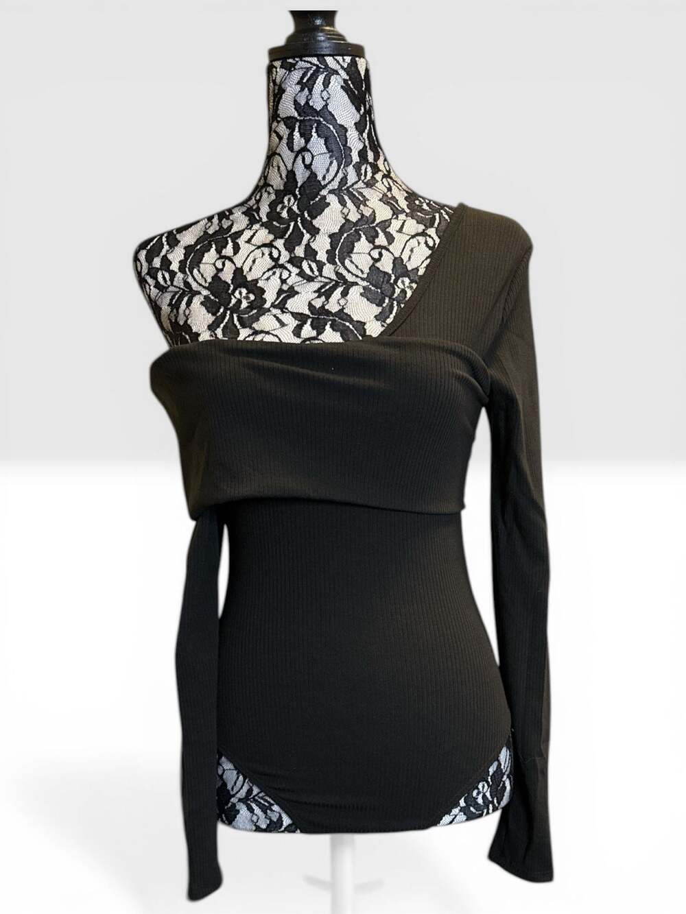 Lulus Just Wait Black Ribbed Asymmetrical Off-the-Shoulder Bodysuit XS